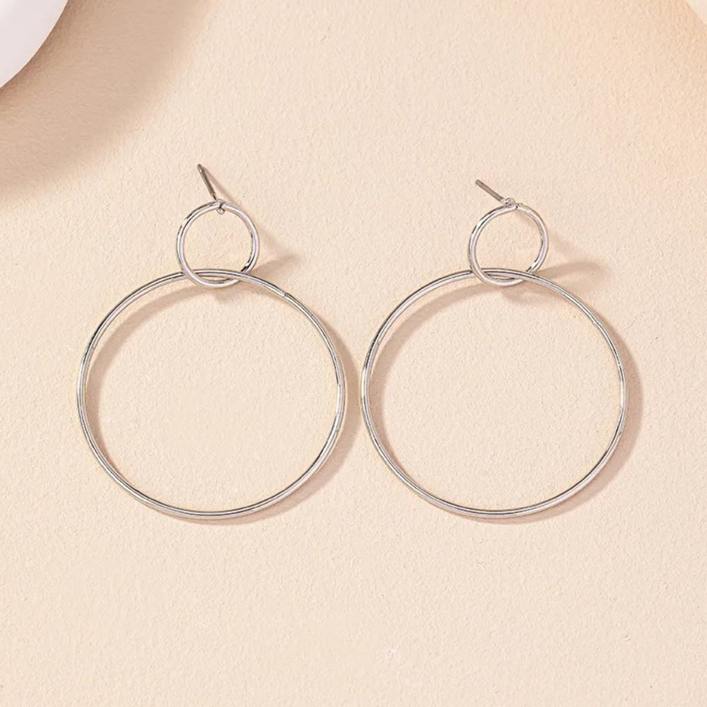 Minimalist Silver Double Circle Contemporary Dangle Earrings NEW - Picture 2 of 7